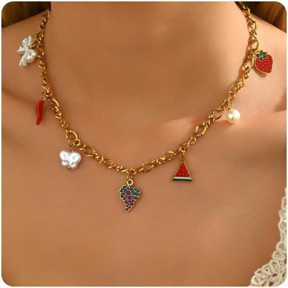 🆕 Women Gold Bow Pearl Choker Necklace Dainty Fruit Charms Cherry Cuban Jewelry